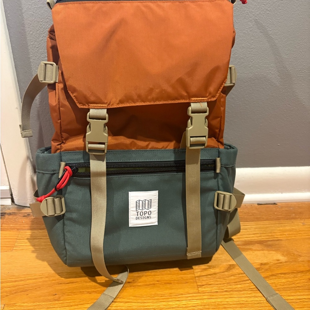 Topo Designs Backpack - Rust and Forest Green